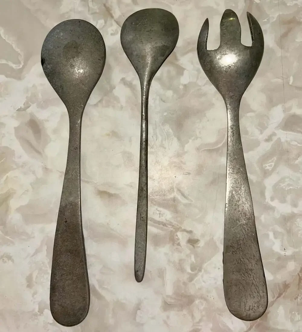 Vintage Cast Aluminum Salad Serving Set with Spiral Design and Beaded Spoon